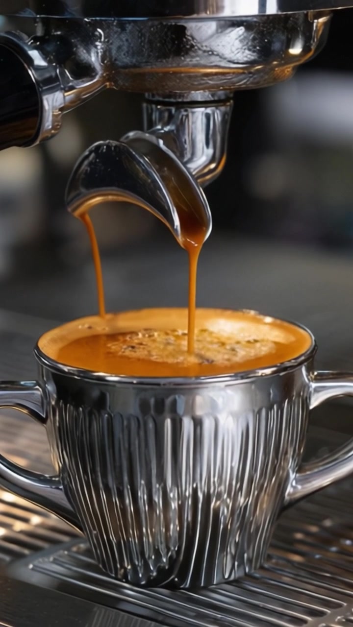 Et nærbillede af friskbrygget espresso, der løber ned i en sølvkop fra en espressomaskine af høj kvalitet, og fanger den rige aroma og cremede tekstur.