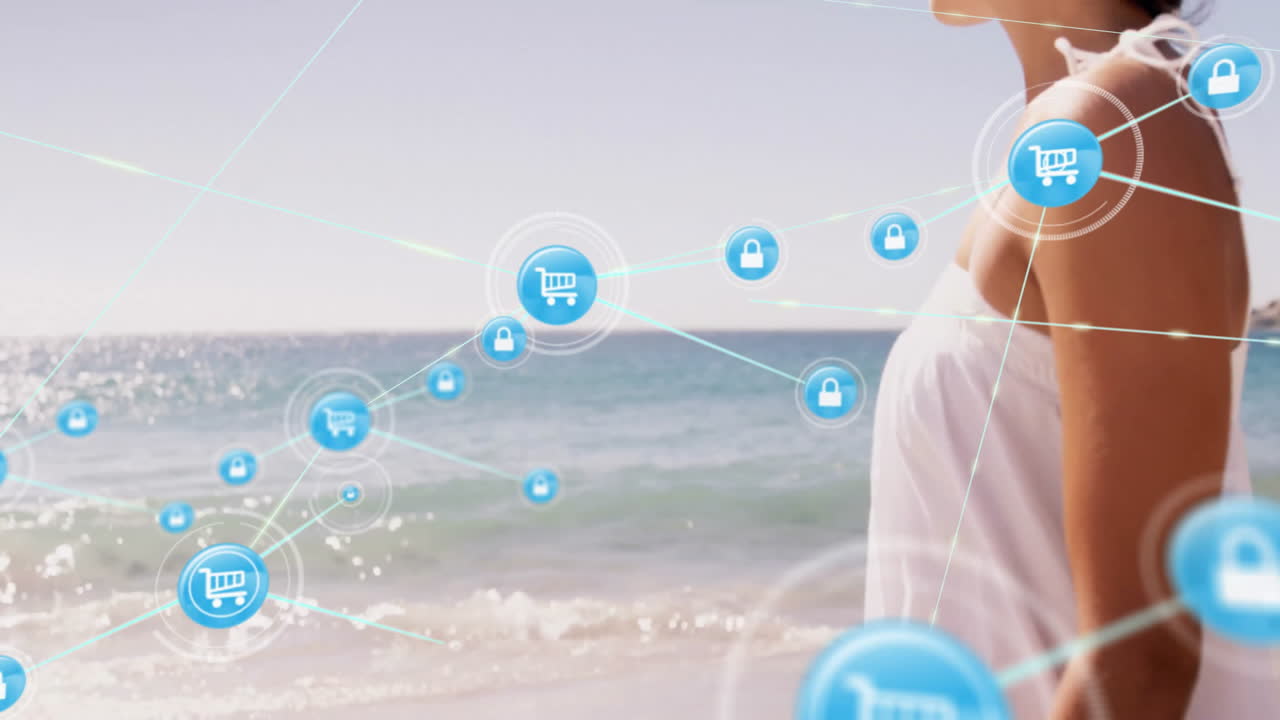 해변에서 웃는 백인 여성에 대한 장치 아이콘과 연결 네트워크의 애니메이션