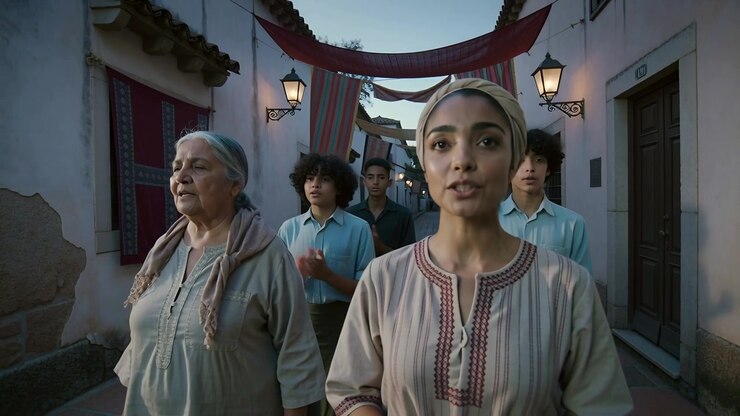 Leading woman in scarf and tunic singing, walking under banners, lamps for parade