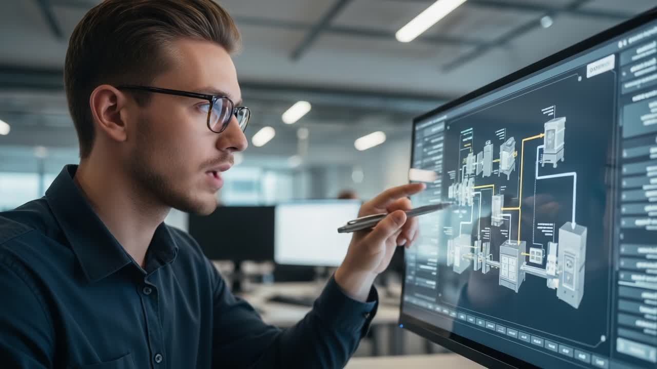 An Expert Engineer Analyzes Complex Diagrams on a Modern Touchscreen Display, Illustrating Advanced Technology and Digital Development in a Collaborative Workspace Setting