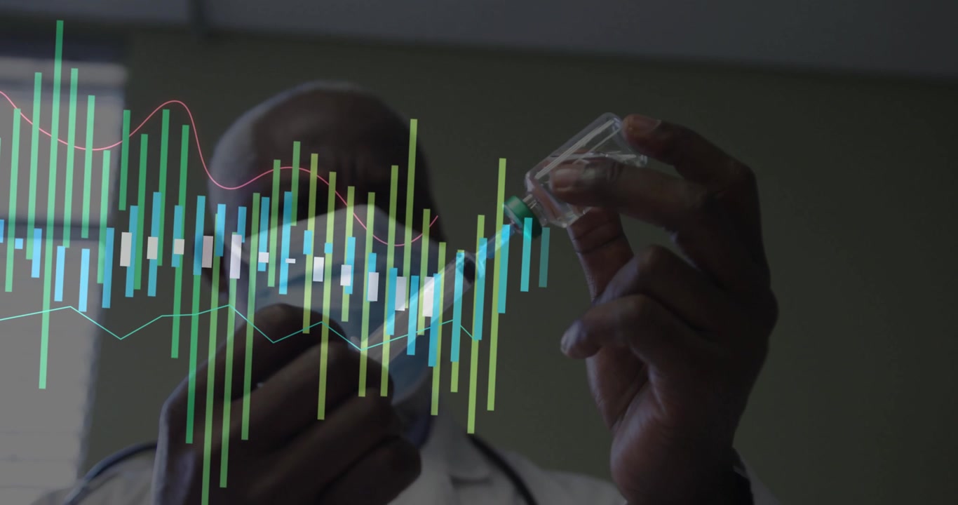 Senior doctor inserting syringe into vial and drawing fluid activating medical data charts rising
