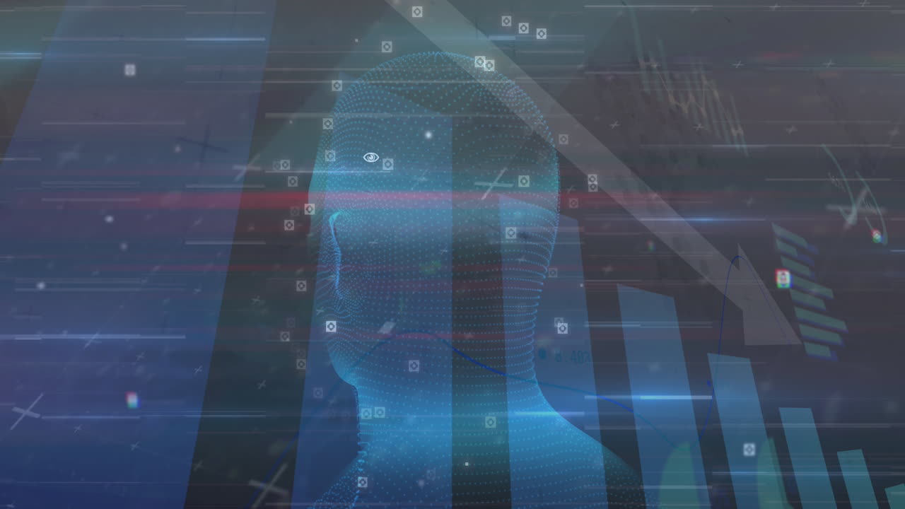 Animation of data processing with markers and statistics over glowing human head