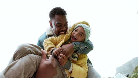 smile, play or happy child in park with father