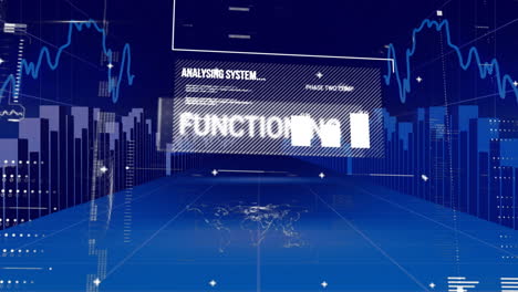 animation of statistics and data processing over grid on blue background