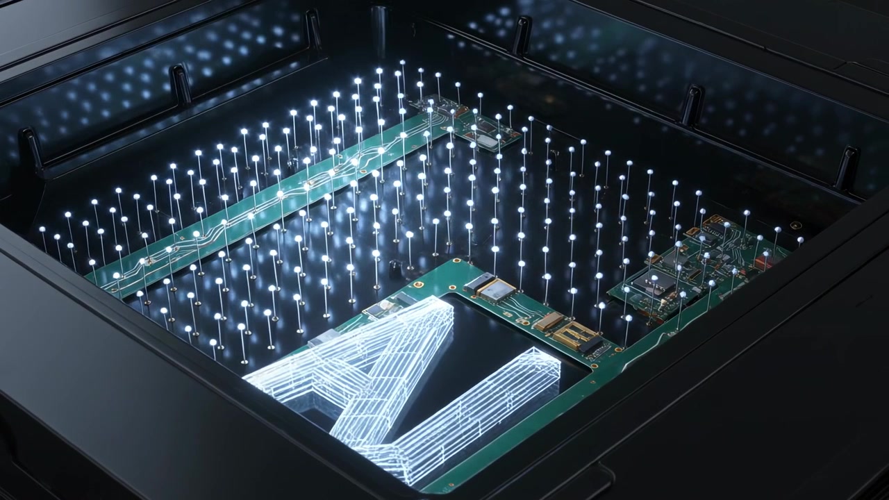 Powering recessed pin matrix forming glowing letter A in metal enclosure, revealing PCB connectors