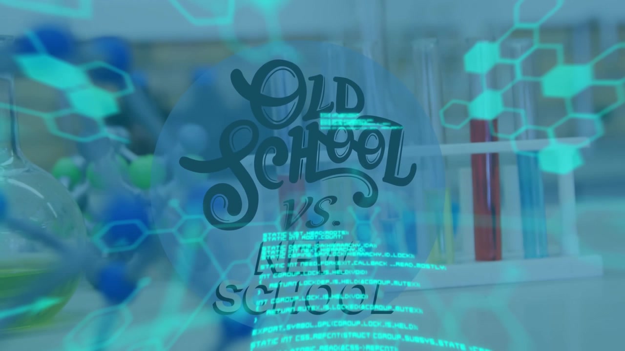 Animation of data processing over old school vs new school text and lab