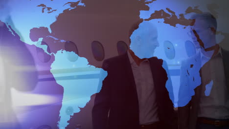 light spots over world map against two caucasian businessmen talking to each other at airport runway