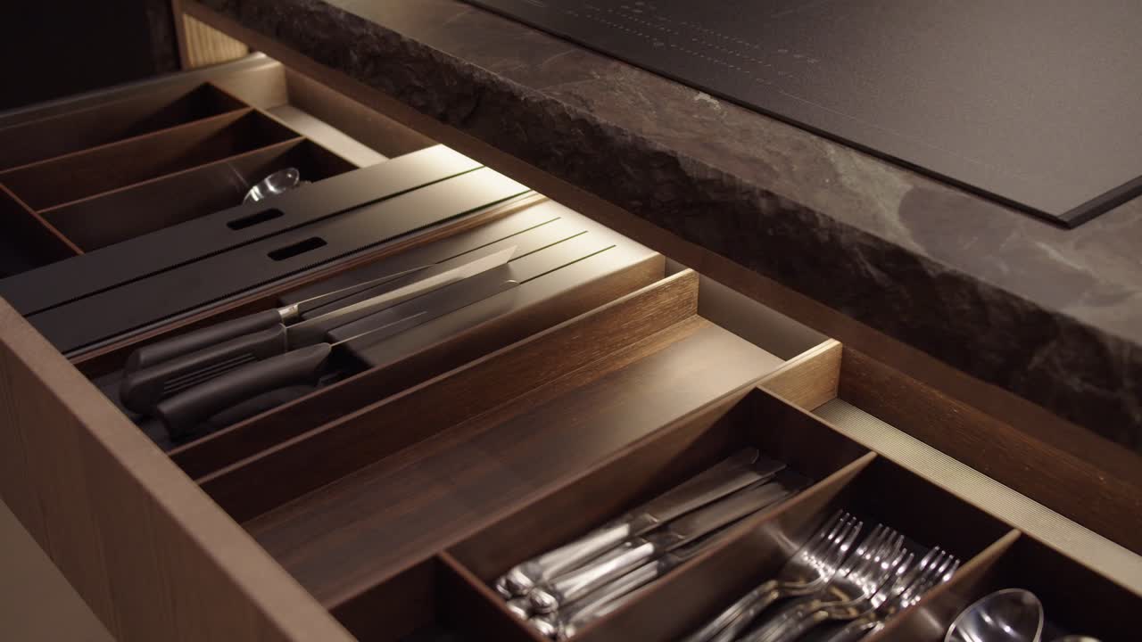 Tracking Shot Of Hand Opening Large Silverware Utensil Drawer In Modern Kitchen