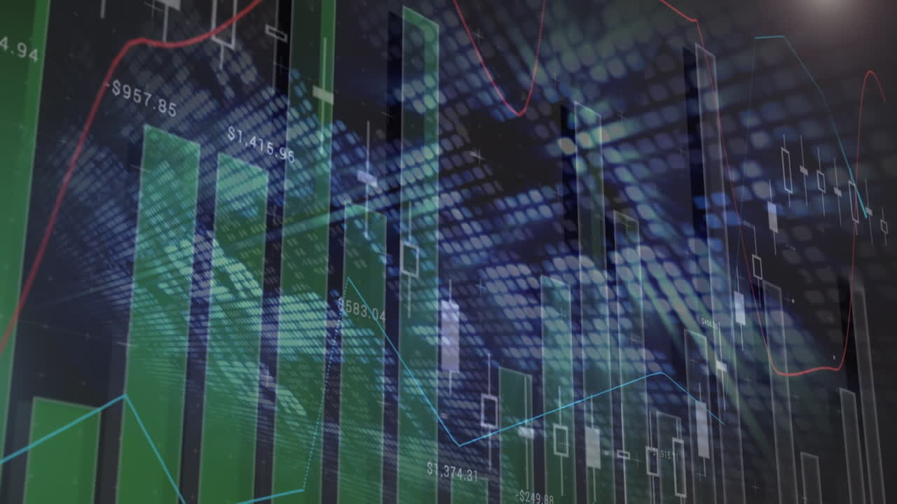Animation of financial data processing over black background