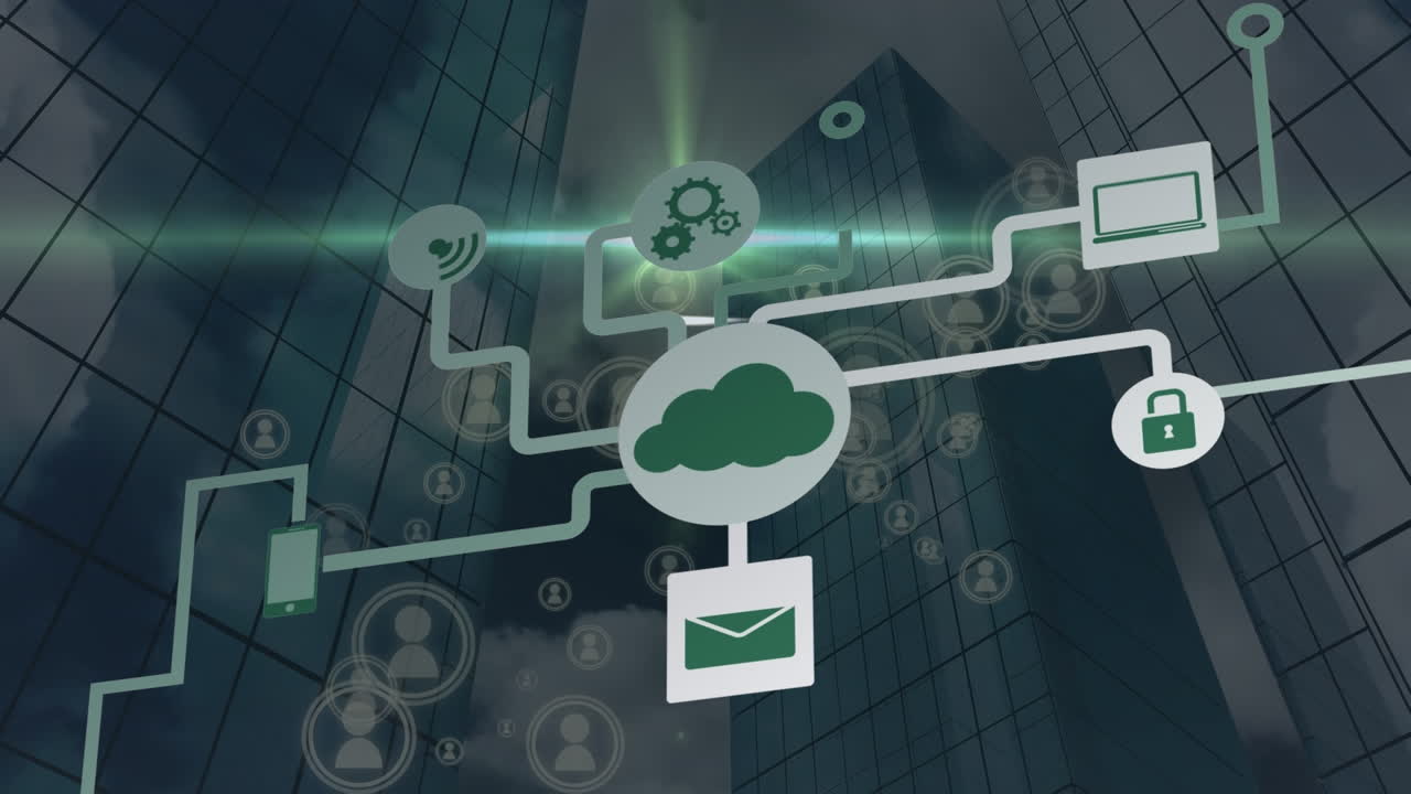 초고층 건물 위의 아이콘으로 데이터 처리의 애니메이션