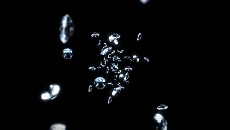 flying many jewelry diamonds on black background. shine transparent, precious gem. 3d animation of brilliant diamonds rotating. loop animation.