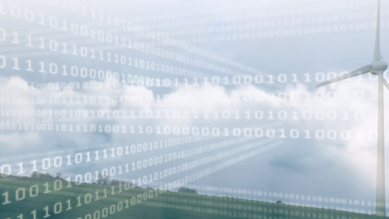 Animation of data processing over wind turbine and sky with clouds