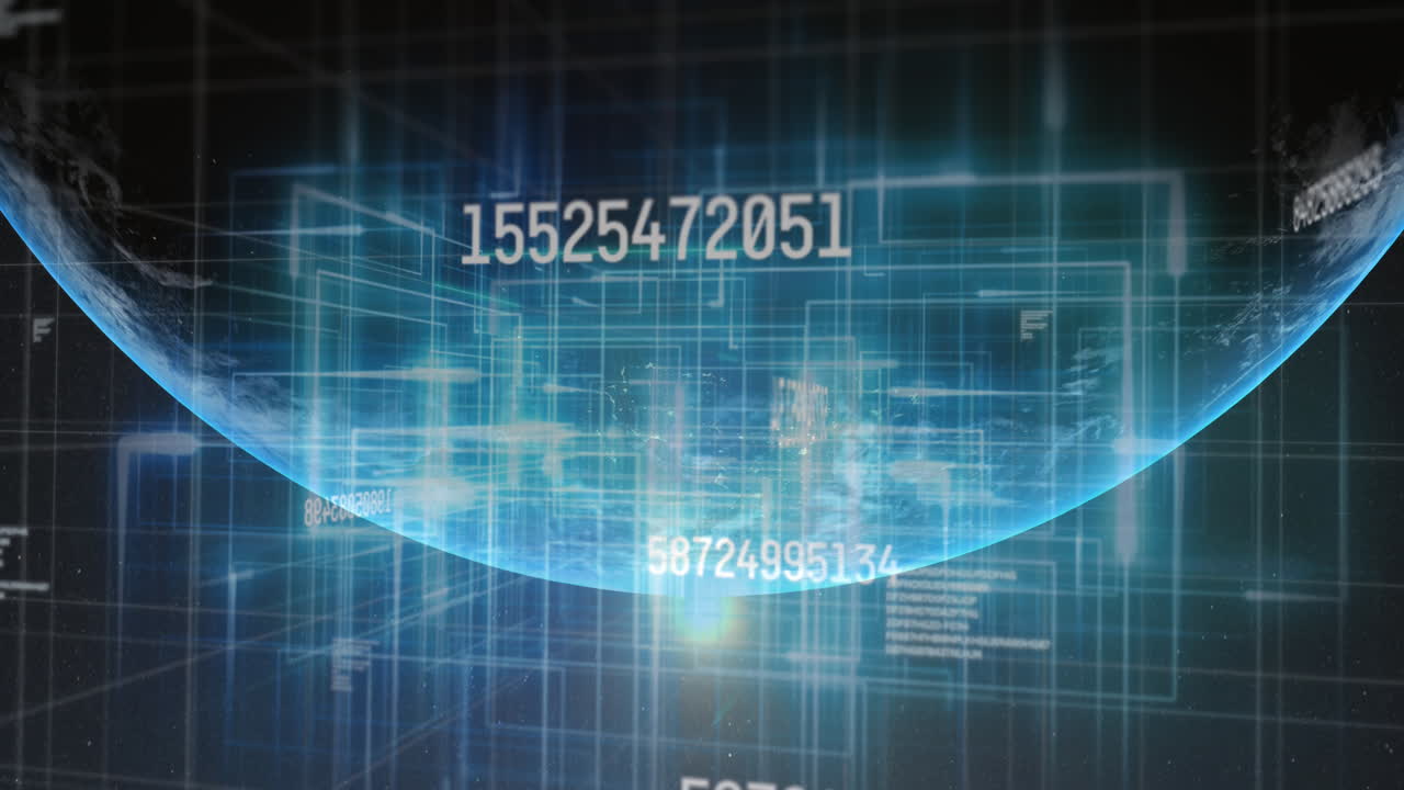 Digital animation showcases changing numbers and light trails on a globe for tech concept.