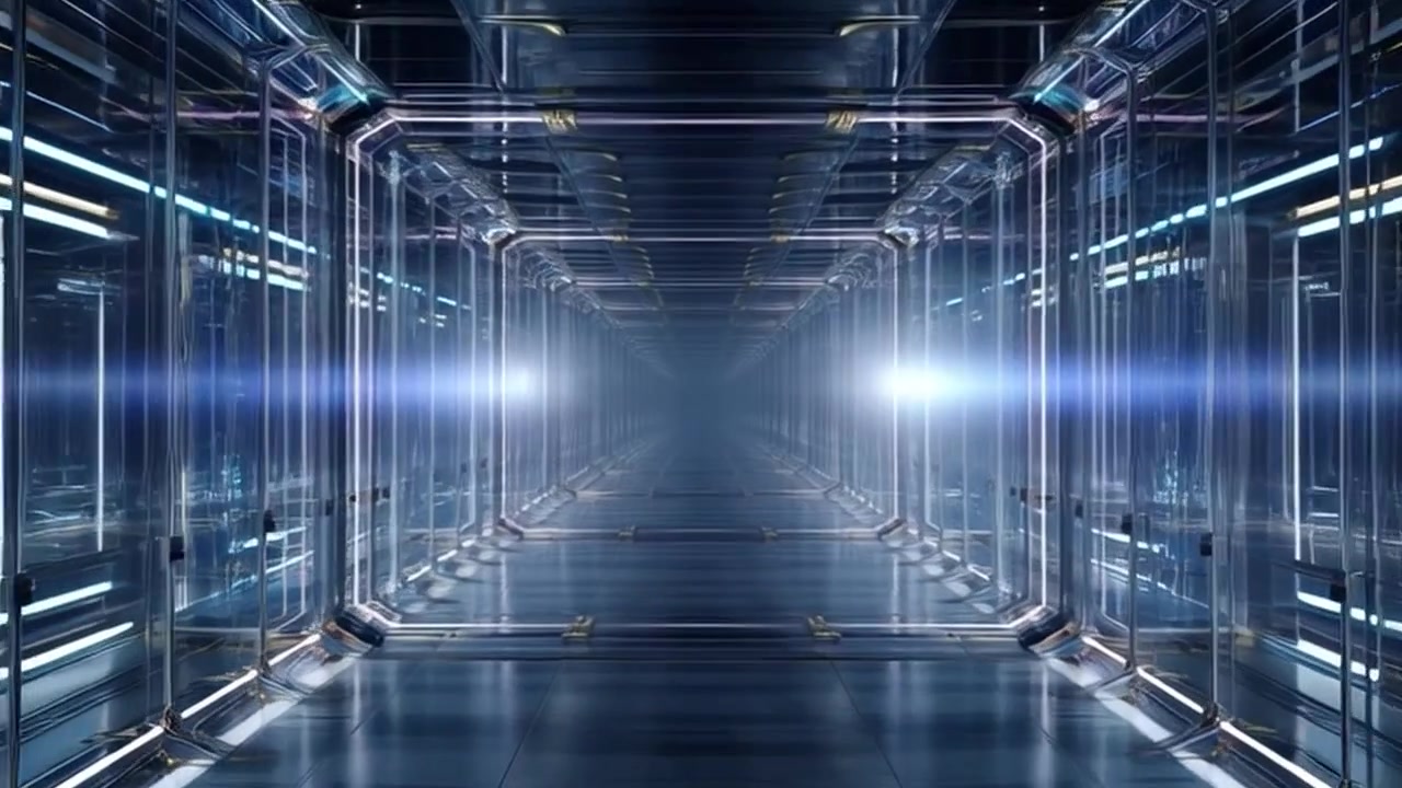 Futuristic Corridor with Glowing Lights and Reflective Surfaces