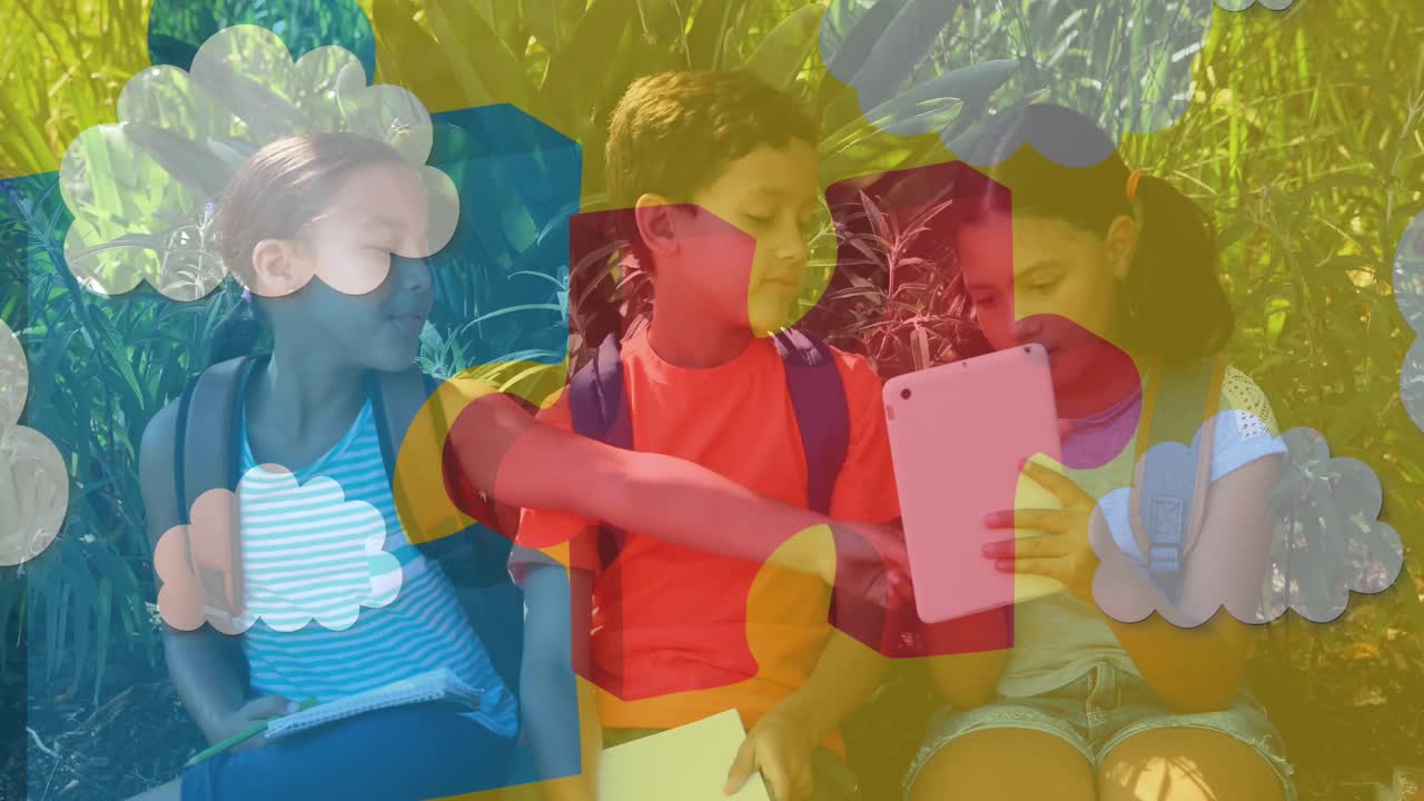 다채로운 퍼즐 조각과 자폐증 텍스트의 애니메이션 어린이 친구들이 전자 장치를 사용합니다.