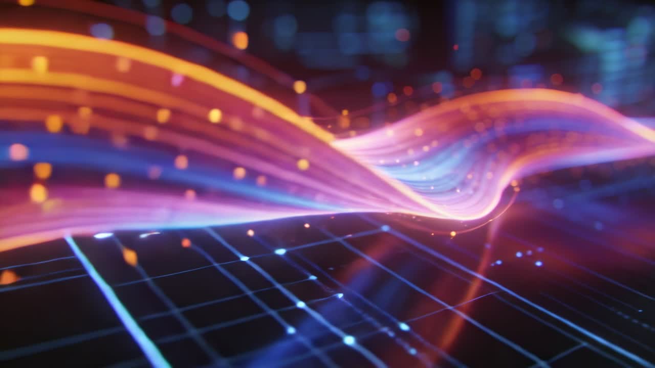 Data pulse initiating braided ribbon sweeping over neon grid plane, emitting particles