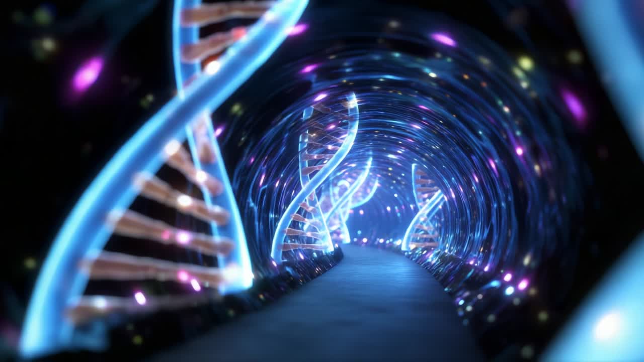 A Stunning Visualization of a DNA Helix Tunnel, Illuminated with Dynamic Colors and Light Patterns, Creating an Enchanting and Engaging Experience of Genetic Exploration Within a Futuristic Environment