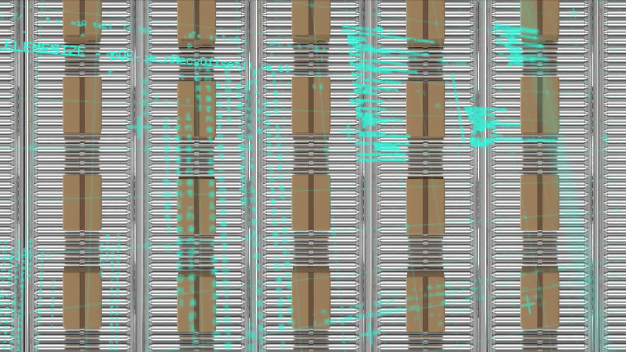 procesamiento de datos frente a la vista aérea de múltiples cajas de entrega en la cinta transportadora