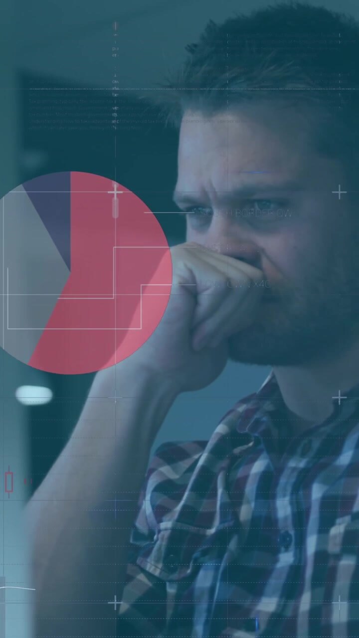 Animazione di elaborazione dati statistici con un uomo stanco che lavora in ufficio