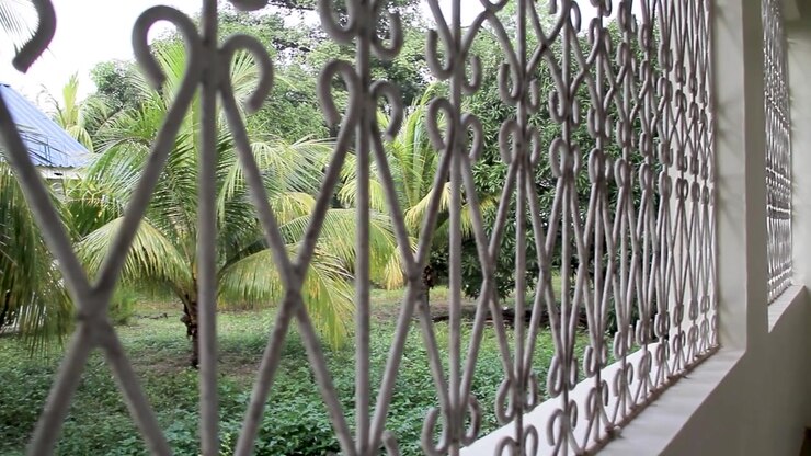 Una vista da un portico coperto che si affaccia su un vibrante giardino tropicale verde con palme, vista attraverso una grata di sicurezza in metallo bianco ornata.