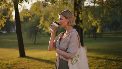 Woman drinking coffee from a reusable cup in a sunny park