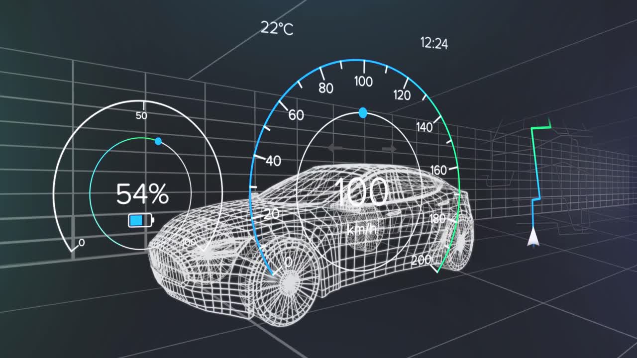 차량 인터페이스에서 스피도미터, gps 및 충전 상태 데이터의 애니메이션, 3d 자동차 모델