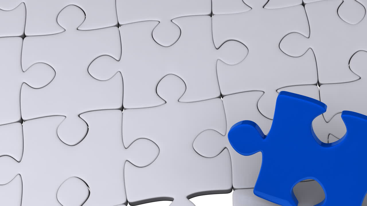 animación de la pieza azul del rompecabezas sobre varios rompecabezas grises