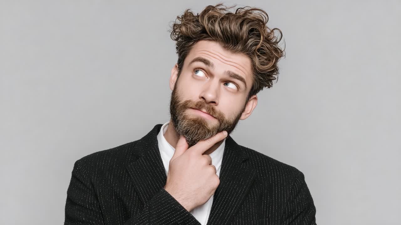 A Thoughtful Man Contemplates His Next Move, Featuring a Stylish Portrait with Curly Hair and a Beard Against a Simple Grey Background
