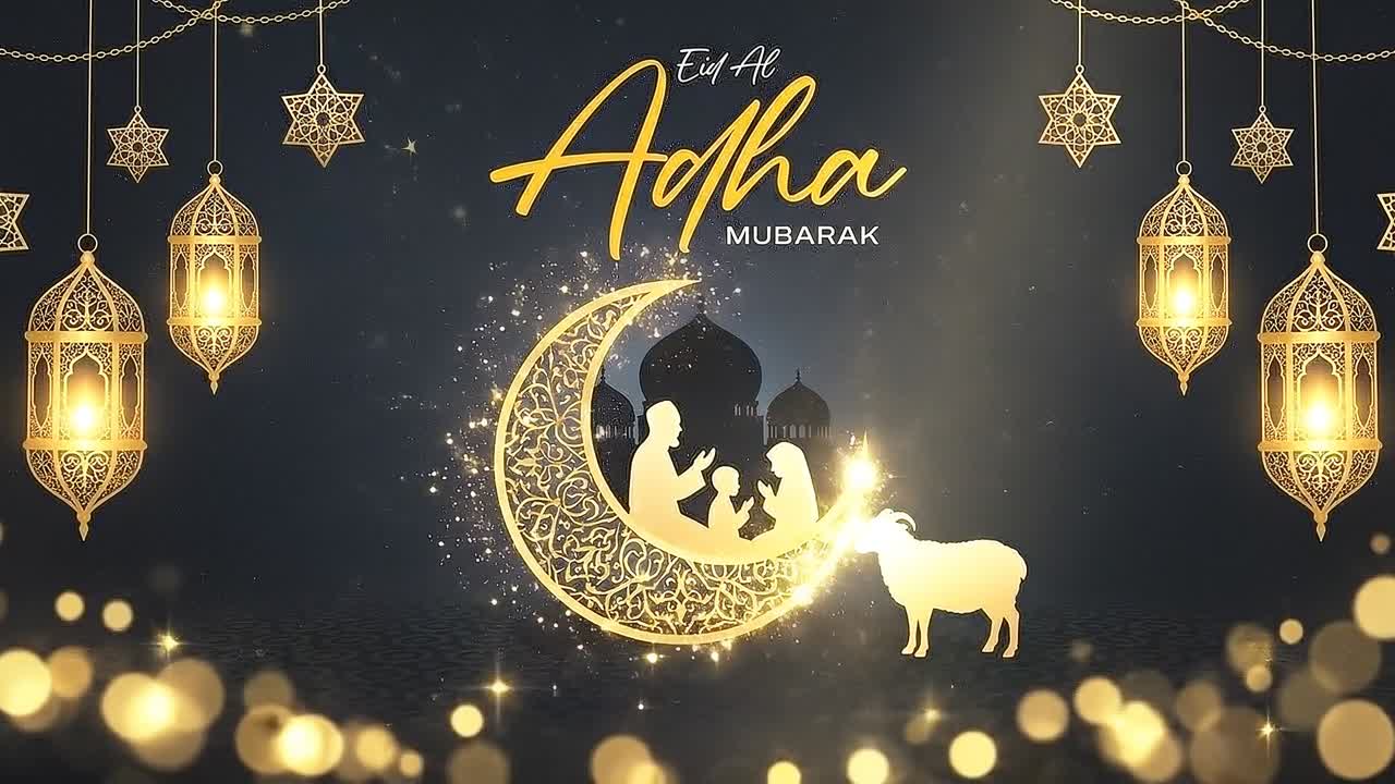 Auguri animati per Eid Al Adha con un ragazzo che alza le mani accanto a una pecora sotto lanterne e un cielo notturno con luna crescente.