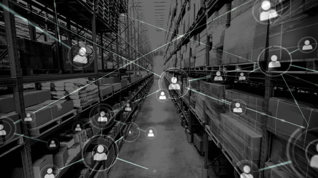 Animazione di una rete di connessioni su scaffali in magazzino