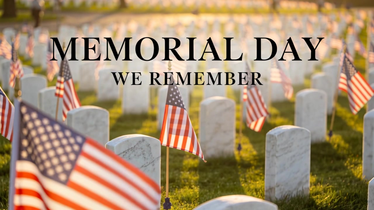 Bandiera americana che sventola in primo piano e bandiere sulle lapidi mosse dalla brezza in un cimitero, "MEMORIAL DAY"