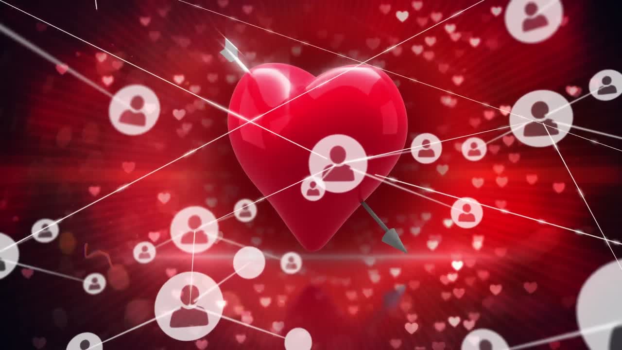 검은 바탕에 렌즈 플레어와 함께 심장 위에 선으로 연결된 아이콘의 애니메이션