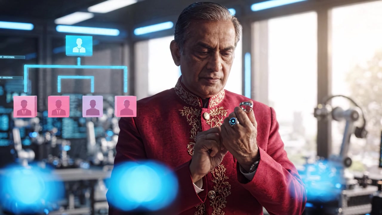 Un individuo distinto in un ricco abito rosso esamina display tecnologici, mostrando una fusione di tradizione e innovazione in un ambiente moderno e ad alta tecnologia.