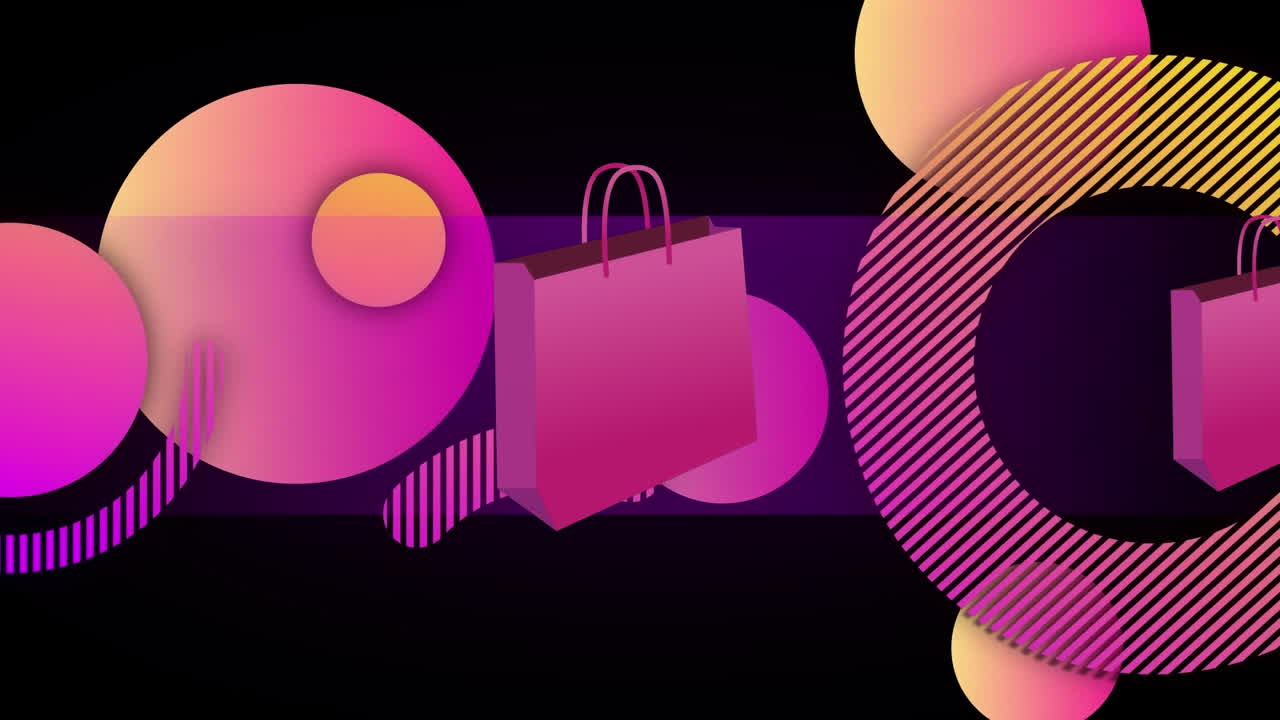 animación de bolsas de compras y círculos de neón sobre fondo negro