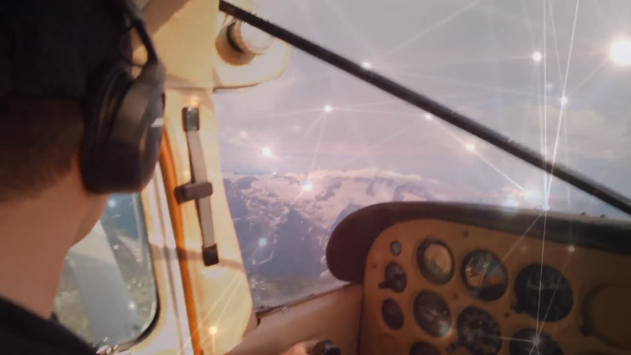 비행하는 비행기 위의 연결 네트워크의 애니메이션