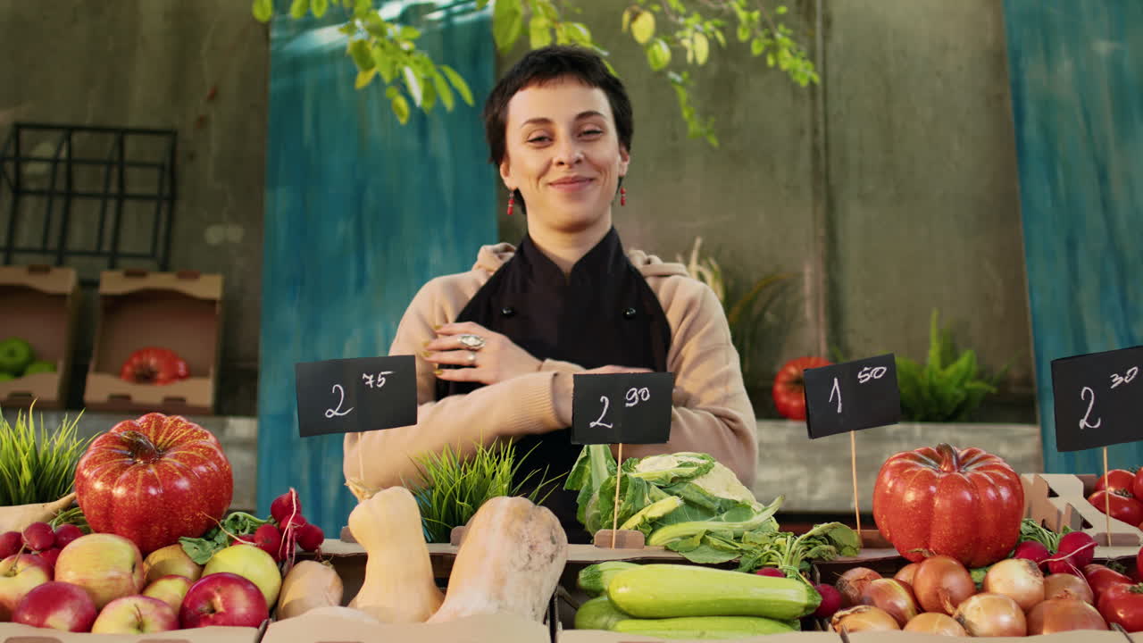 Woman selling fresh produce at a farmer's market