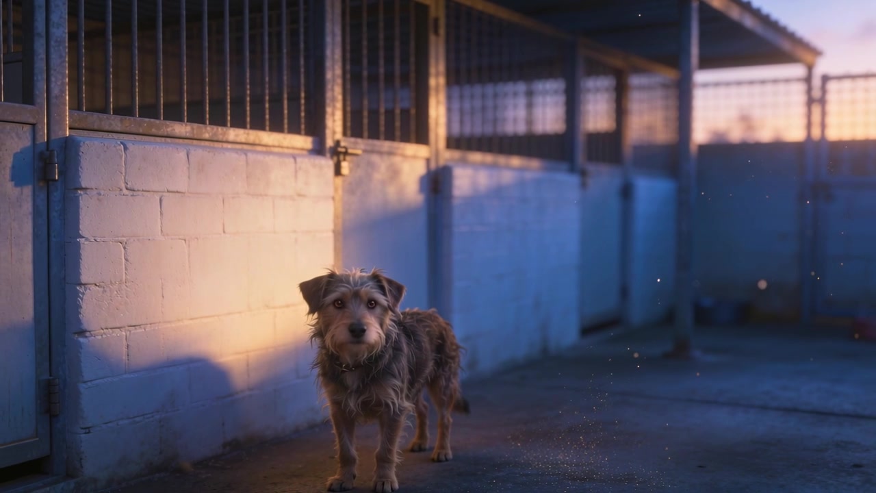 Pequeño perro marrón de pelo duro olfateando y avanzando en una perrera, revisando el olor junto a un candado y una sombra.