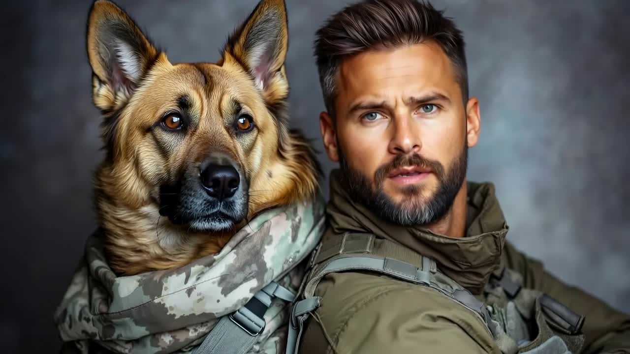 un hombre en uniforme militar sosteniendo un perro