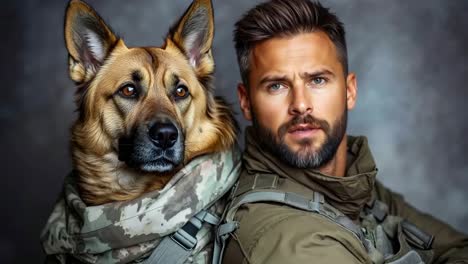 a man in a military uniform holding a dog