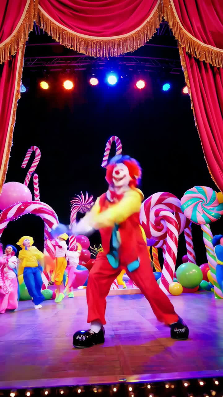Clown Performance on a Candy-Themed Stage