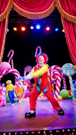 clown performance on a candy-themed stage