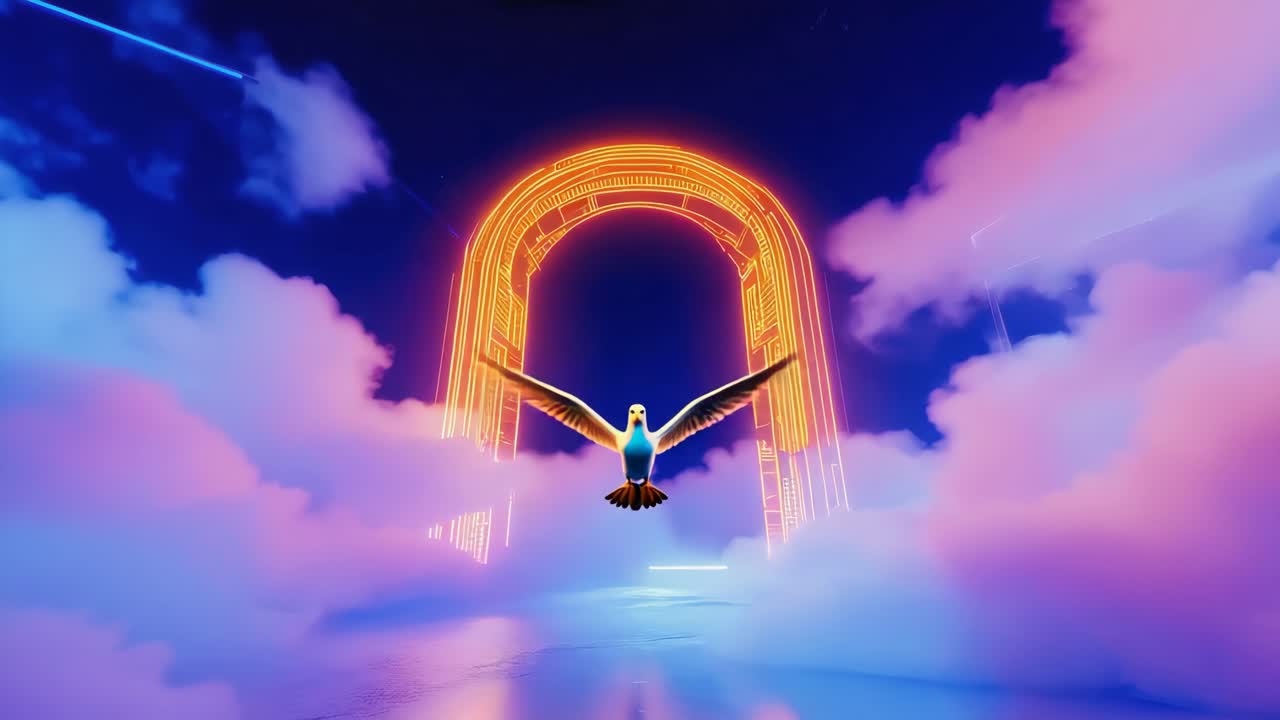 Seagull Flying Through a Neon Portal in the Clouds