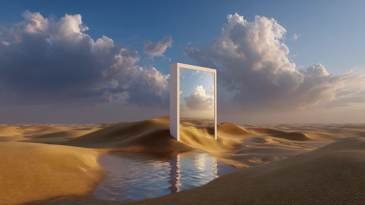 Paesaggio Desertico Surreale con Portale Mistico Incorniciato che Riflette Nuvole e Acqua tra Sabbie Dorate Sotto un Cielo Vibrante, Evocando Immagini di Sogni e Immaginazione.