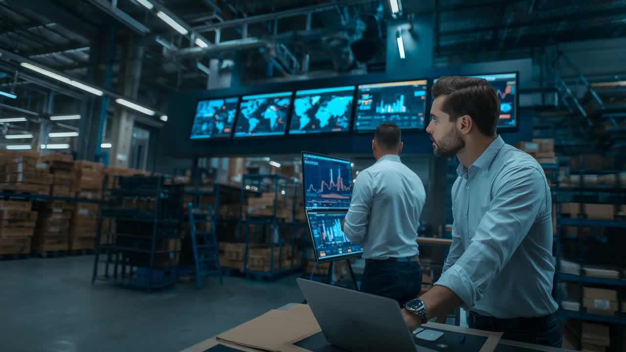 Opening laptop, man typing at warehouse and colleague tapping touchscreen updating data, copy space