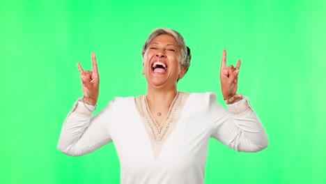 rock gesture, face and woman in green screen
