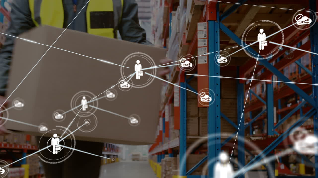 animación de una red de conexiones con iconos sobre un trabajador de almacén caucásico