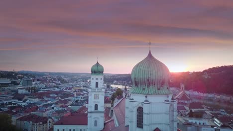 Aerial-Sunset-Shot-of-Stephansdom-Passau