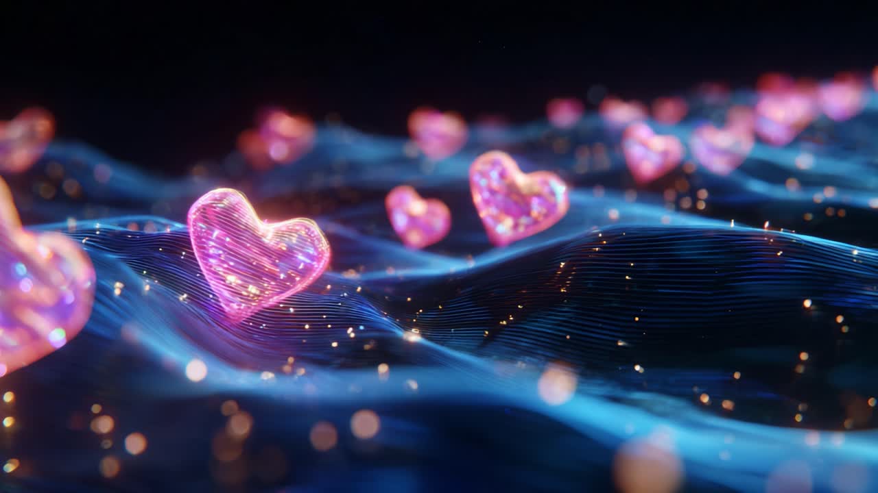 Abstract representation of floating hearts in a dreamy, vibrant environment, showcasing luminescent pink hearts gently drifting on shimmering blue waves, creating a serene and enchanting atmosphere