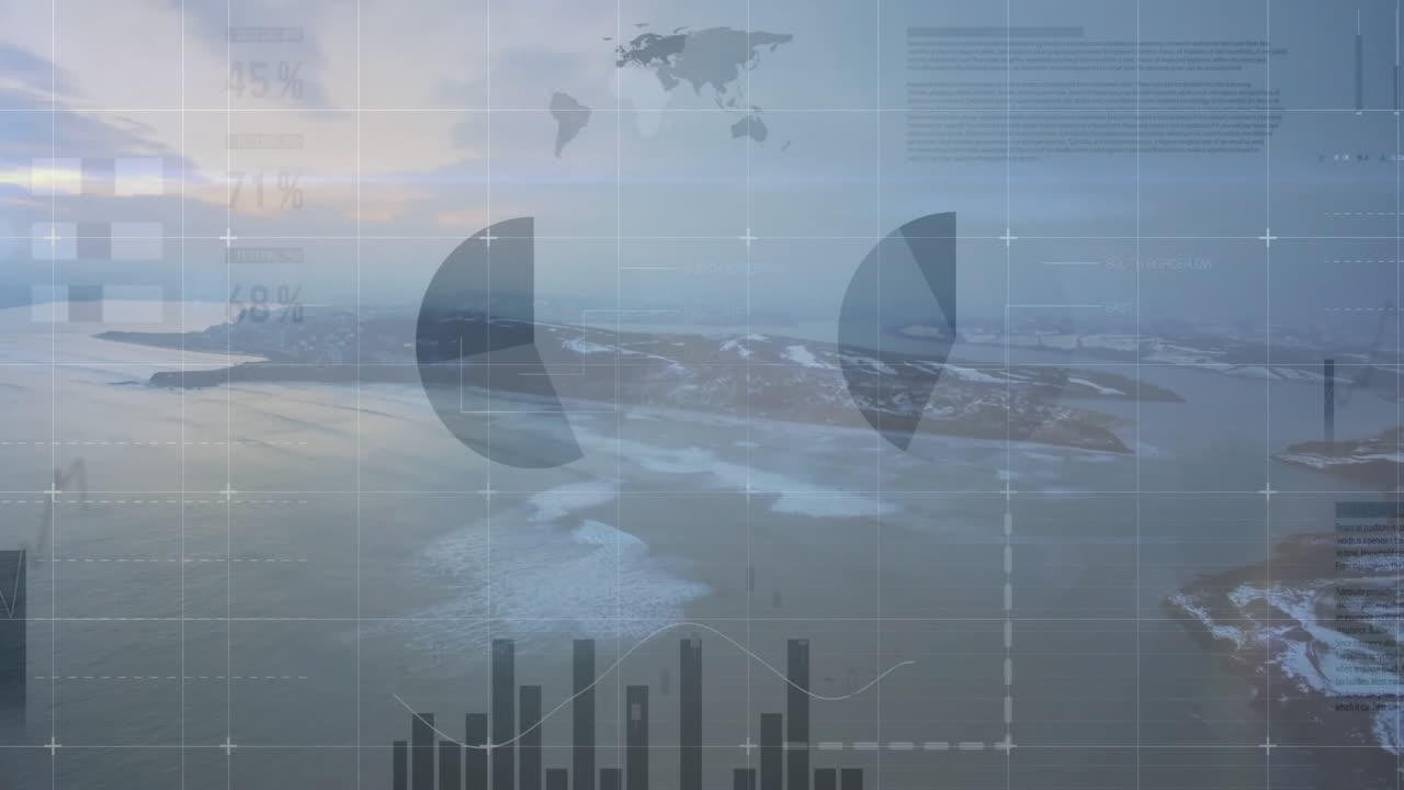 Animation of data visualization with graphs overlaying snowy landscape ...