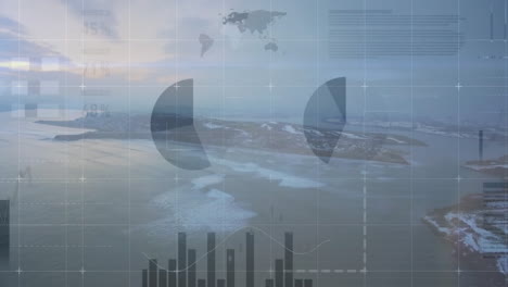 animation of data visualization with graphs overlaying snowy landscape aerial view